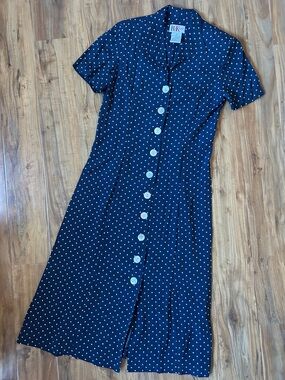 Vintage Navy Polka Dot Button Front Maxi Dress Secretary Chic Petite 6
